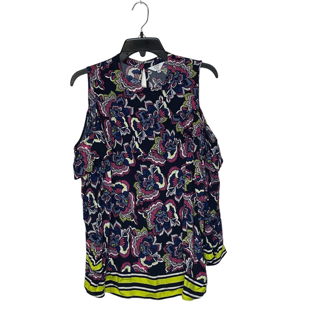 Crown & Ivy‎ Cold Shoulder Top Size Curvy 0X Black Multi Floral Pattern Womens